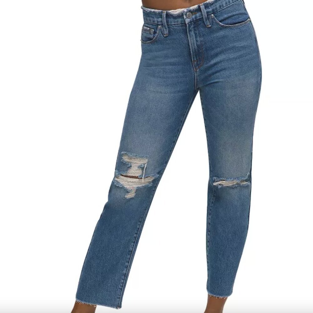 Good American Vintage Ripped Ankle Straight Leg Fray Hem Jeans In Blue537